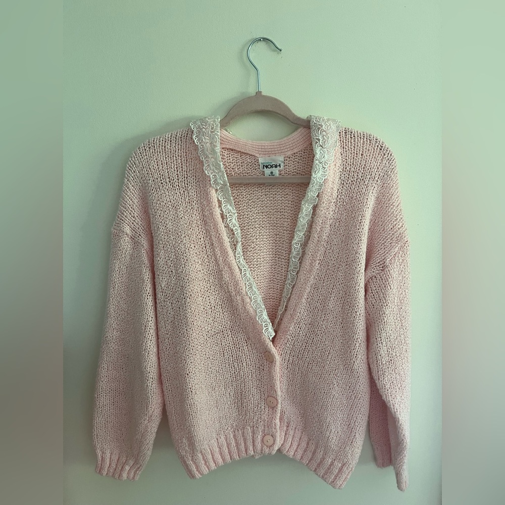 Cute Vintage Pink Knit Cardigan with Lace